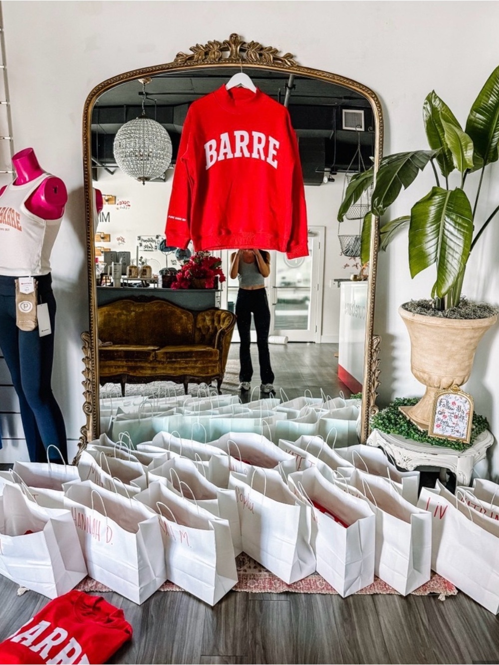 BARRE Red Mockneck Sweatshirt sleeve says Pure Barre Broad Ripple